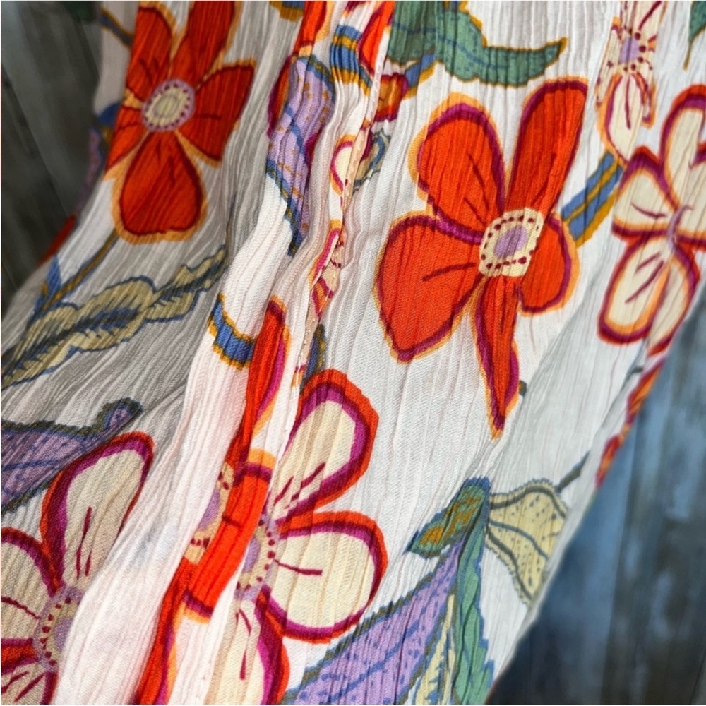 Easel White/Cream Floral Pleat Peach Blossom Puff Sleeve Blouse Women’s Large - Picture 6 of 7